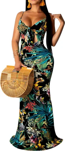 Vista 2 de Women's Summer Floral Spaghetti Strap Long Maxi Dresses Low-Cut Bohemian Beach Sundress Negro
