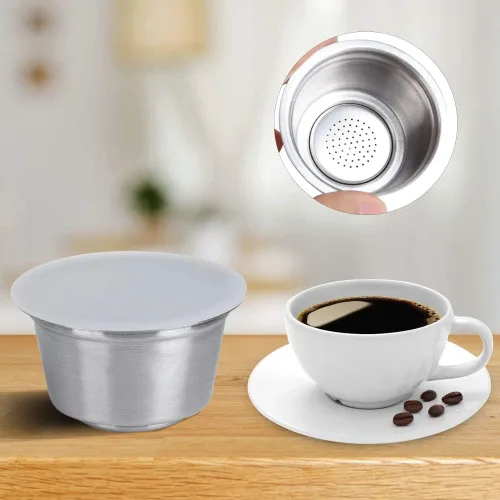 Vista 5 de Oumefar Relleno de café recargable, cápsulas de café reutilizables de acero inoxidable con tapa de silicona, taza de cápsula de café recargable