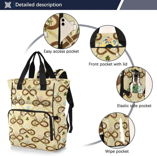 Vista 2 de Diaper Bag Backpack, Cream and Green Floral Shamrock Pattern, 15L Capacity Nylon Tote with Multiple Pockets, Stroller Clips, 11.02x5.91x15.3 Inches