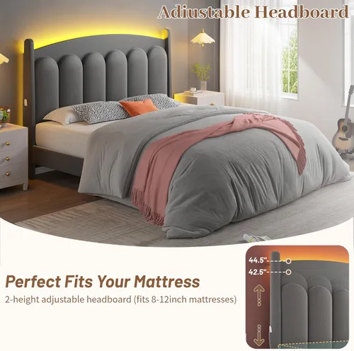 Vista 11 de CypBed Base de cama de tamaño matrimonial con luces LED de cabecero, cama matrimonial tapizada de terciopelo, cama matrimonial con plataforma Gris