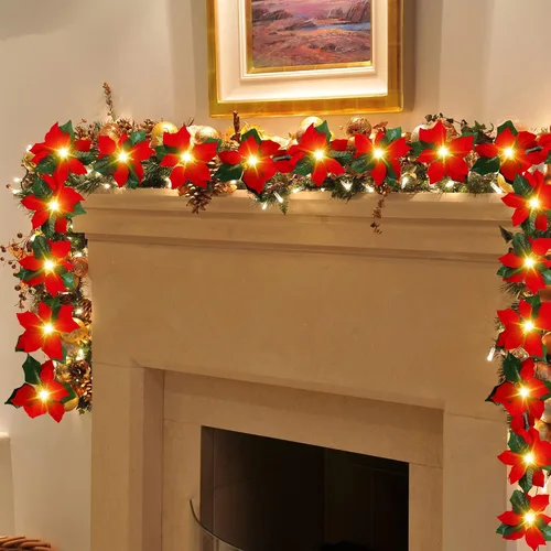 Vista 4 de Guirnalda de Pascua roja LED de Navidad con luces blancas cálidas de 14 pies, flores de Pascua artificiales para decoración navideña, temporizador