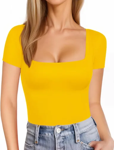 Vista 36 de MANGOPOP - Camisetas ajustadas de manga corta y manga larga con cuello cuadrado para mujer A01 Manga Corta Negro