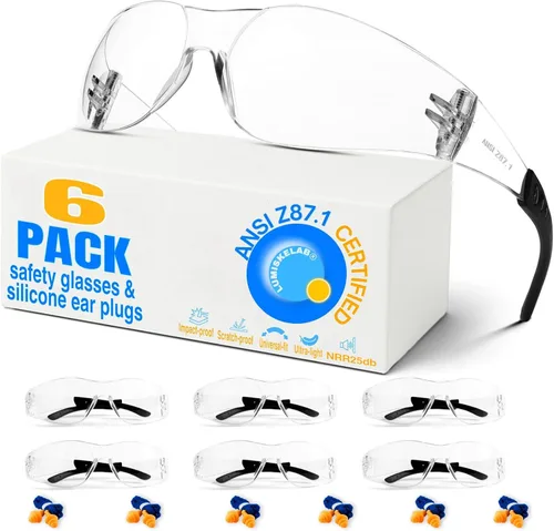 Vista 13 de Paquete de 12 lentes de seguridad transparentes para hombres y mujeres – Certificado ANSI Z87.1, 12 tapones de silicona para los oídos (NRR 25 dB)