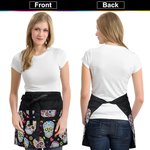 Vista 6 de Jetec 2 Pcs Waist Apron with 6 Pockets and Leather Server Book for Waitress Patterned Server Half Apron with Zipper for Women