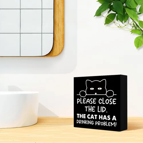 Vista 7 de LVQHI Divertidos carteles de madera para baño, decoración de escritorio de baño, decoración de escritorio de baño, cierre la tapa, el gato tiene un