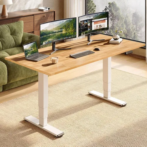 Vista 12 de SANODESK Escritorio de pie de madera maciza de caucho con motor dual 48"x24 Mesa natural + marco blanco