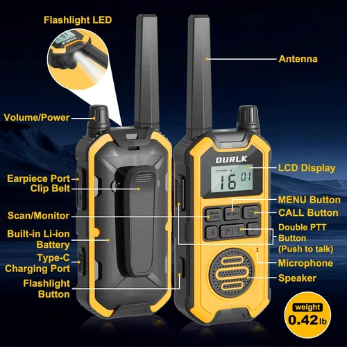 Vista 7 de Walkie Talkies para adultos de largo alcance – Paquete de 4 radios bidireccionales FRS recargables de alta resistencia con alerta meteorológica