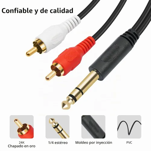 Vista 6 de Conector estéreo TRS macho chapado en oro de 0.250 in 1/4 pulgadas a 2 RCA Phono macho Audio Y Splitter Cable, conector de cable (4.9 ft)