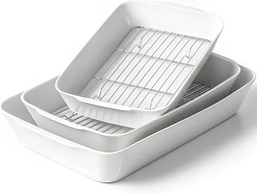 Vista 11 de HOMBENE - Cacerola blanca de 1.2 cuartos de galón, bandeja para lasaña para horno, utensilios para hornear, pequeña fuente de cerámica para hornear
