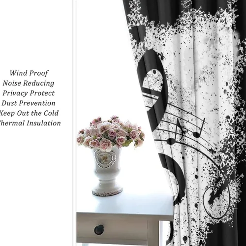 Vista 6 de Cortinas opacas de oscurecimiento de habitación con ojales, diseño rústico de símbolos musicales blancos y negros, tratamiento de ventana
