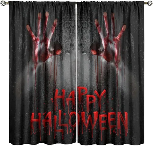 Vista 19 de Cortinas de Halloween con diseño de bosque gótico rojo, cruz gótica, Halloween, festividades, festival, tratamiento de ventana para sala de estar