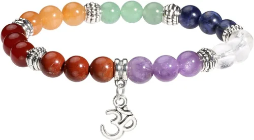 Vista 14 de Eigso Pulsera elástica de piedra de cristal de meditación curativa de 7 chakras para mujer con símbolo de loto, yoga, árbol, OM