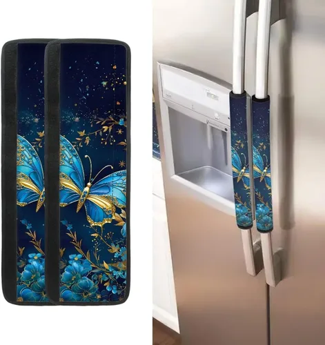Vista 2 de DISNIMO Juego de 2 fundas para manijas de puerta de refrigerador con diseño floral de mariposa azul, protector de decoración de electrodomésticos