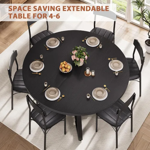 Vista 6 de Mesa de comedor redonda extensible de 43 a 57 pulgadas para 4-6, moderna mesa de comedor ovalada de cocina industrial con hojas extraíbles, base