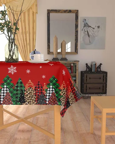 Vista 4 de Mantel de Navidad rojo para mesas redondas rectangulares, 60 x 60 pulgadas, mantel lavable con árbol de Navidad, manteles oblongos impermeables