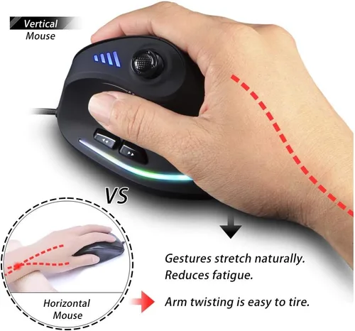 Vista 2 de ZLOT Ratón vertical para juegos, joystick USB ergonómico RGB con cable, mouse láser programable, diseño 6+1, 11 botones, tasa máxima de sondeo