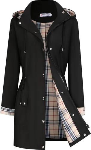 Vista 14 de BBX Lephsnt Abrigos de lluvia para mujer, chaqueta impermeable ligera, rompevientos para exteriores, gabardina con capucha A-verde militar