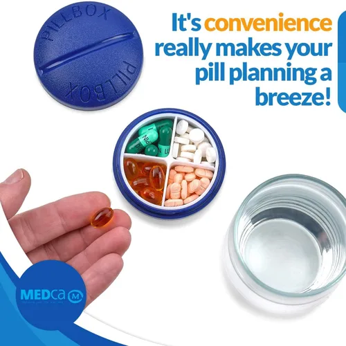 Vista 3 de Pastillero redondo para viajes, mini organizador compacto portátil de 4 compartimentos, dispensador de vitaminas y medicamentos hasta 4 veces al