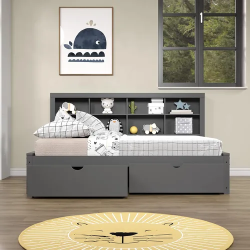 Vista 6 de Donco Kids Equable Modern - Estantería de sofá cama matrimonial en acabado gris oscuro con cajones dobles debajo de la cama