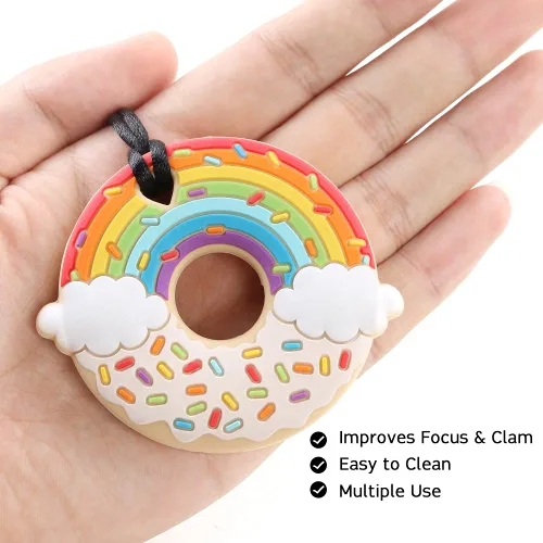 Vista 4 de Rainbow Donut - Mordedor sensorial masticable para niños y niñas, juguete de dentición masticable de silicona de grado alimenticio para niños