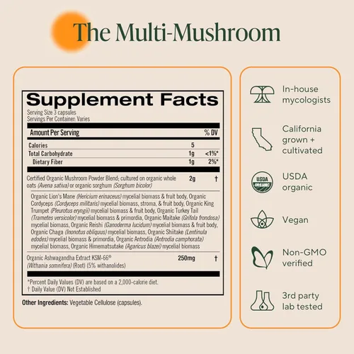 Vista 7 de Om Master Blend Cápsulas de hongos – Suplemento orgánico de hongos con 10 hongos y ashwagandha – Apoya la inmunidad, la salud intestinal y el alivio