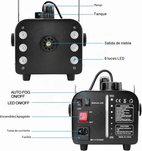 Vista 5 de HAKUTA Máquina de niebla, máquina automática de humo de 900 W con 6 luces LED y 7 variaciones de color, salida de 6000 CFM con control remoto