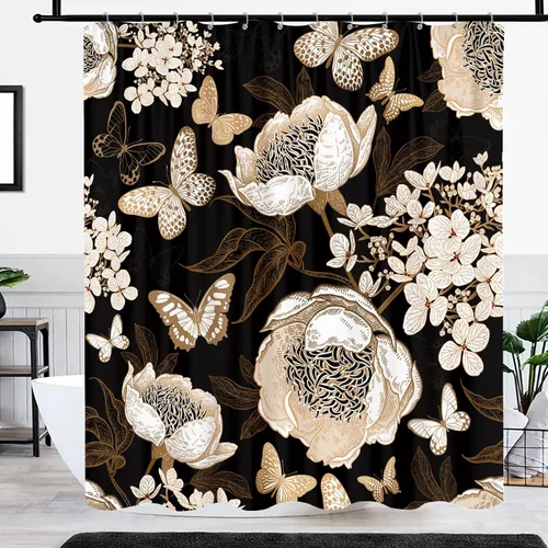 Vista 4 de Cortina de ducha de mariposa floral negra y dorada, cortina de ducha bohemia con diseño botánico de flores oscuras para baño con gancho, juego