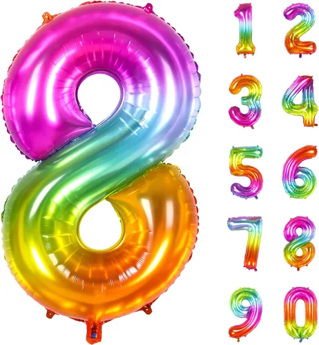 Vista 10 de Globo numérico, globos numéricos gigantes de 40 pulgadas para decoraciones de cumpleaños arco iris, globos numéricos grandes de 0 de mylar