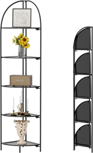 Vista 16 de Crofy Estante esquinero plegable de 3 niveles, soporte de esquina de metal para plantas con marco negro y estantes negros, estante de exhibición