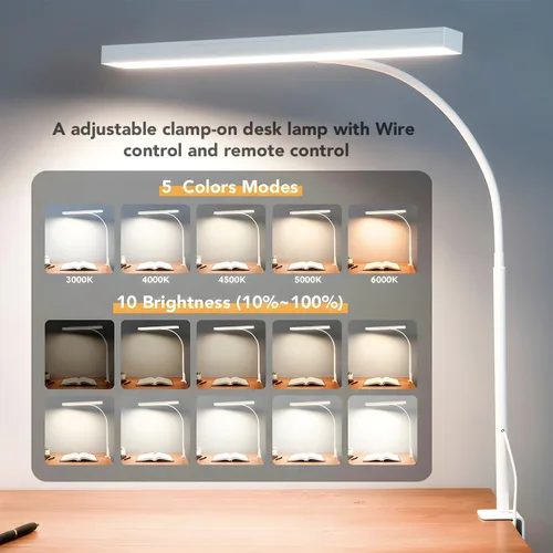 Vista 5 de Lámpara de escritorio LED para oficina y hogar, lámpara para el cuidado de los ojos con función de control remoto de 10 metros, 5 modos, 10 niveles