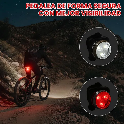 Vista 6 de Juego de 4 luces de bicicleta recargables por USB, impermeables, faros delanteros y traseros LED y luces traseras para bicicleta de montaña, 4 modos