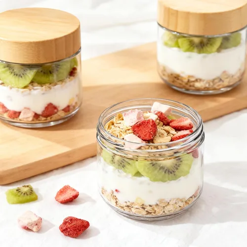 Vista 2 de Bumobum Tarros de vidrio de 8 onzas con tapas, pequeño recipiente de vidrio con tapa hermética de madera de bambú, recipientes de boca ancha