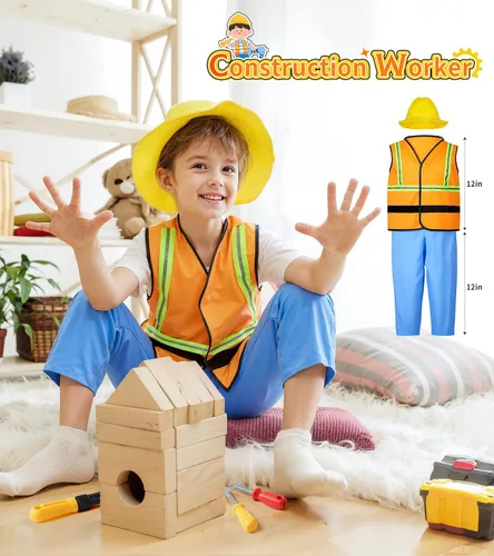 Vista 3 de Jeowoqao Conjunto de disfraces para niños, juego de rol para niños, 11 piezas, traje de pirata, chef, trabajador de construcción, disfraz de policía