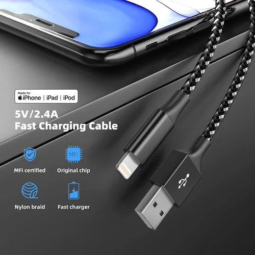 Vista 2 de Paquete de 3 cargadores para iPhone de 10 pies con certificación MFi de Apple, cable Lightning largo de carga rápida, sincronización de datos