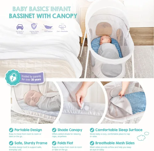 Vista 3 de Regalo Baby Basics - Moisés infantil con toldo, marca galardonada, plegado rápido y fácil de instalar, almohadilla extraíble, malla transparente
