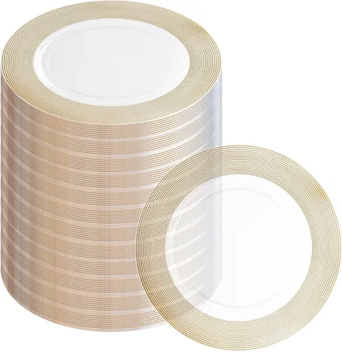 Vista 57 de PARTY BARGAINS Placas de carga de 13 pulgadas, paquete de 4, borde dorado transparente, cargadores desechables resistentes para comedor elegante Un