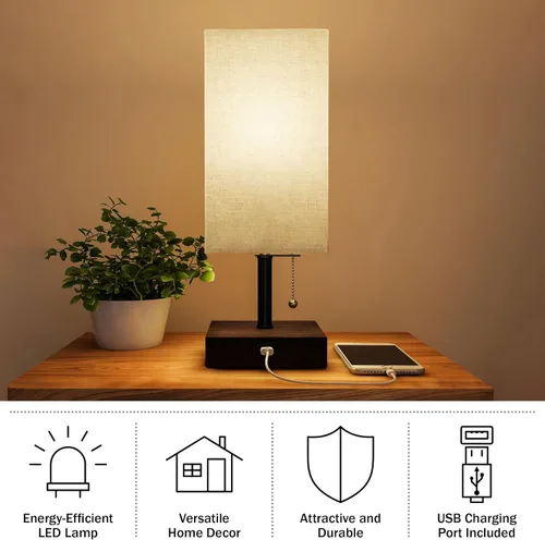 Vista 2 de Lavish Home Juego de lámpara de mesa pequeña con base de madera, juego de 2 luces rectangulares modernas con bombilla LED que incluye decoración
