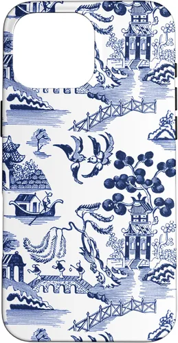 Vista 18 de iPhone 14 Pro Preppy Azul y Blanco Willow Patrón Chinoiserie Toile Case
