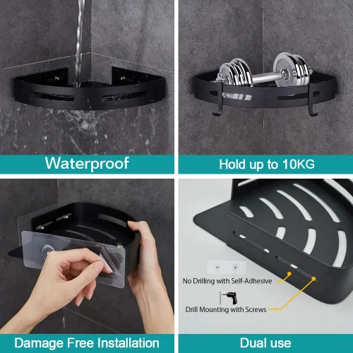 Vista 2 de Estante de esquina adhesivo para baño, organizador de ducha para cocina, inodoro, sin perforaciones, 2 niveles, estantes esquineros de baño