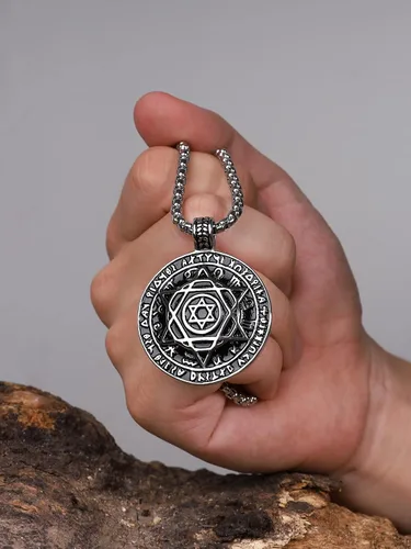 Vista 4 de HAQUIL Seal of Solomon Necklace, Stainless Steel 12 Constellations Hexagram Six Pointed Star of David Protection Amulet Pendant, Box Chain, Jewish