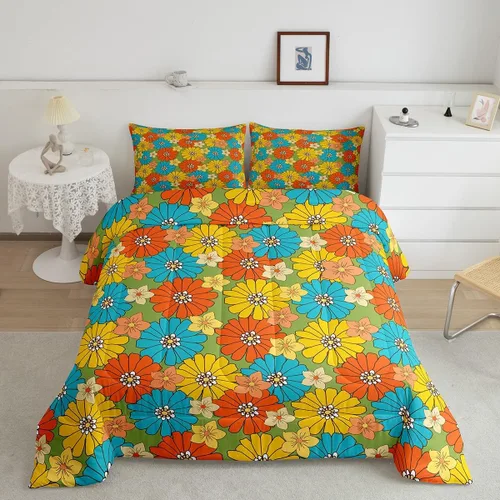 Vista 11 de Juego de ropa de cama con estampado floral bohemio, tamaño individual, diseño retro de flores groovy, 60S y 70S, juego de edredón de flores hippie