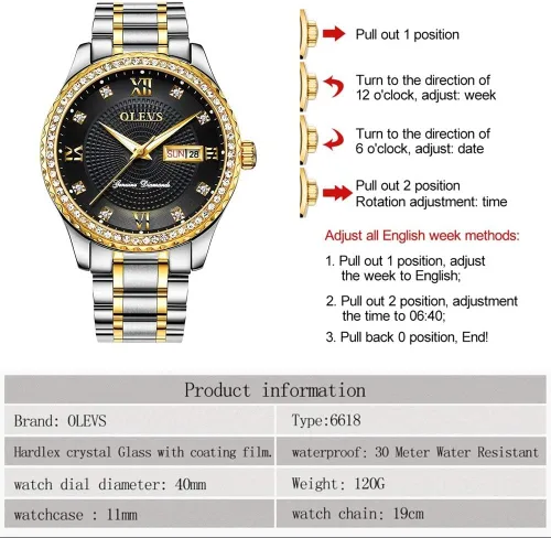 Vista 4 de OLEVS Relojes de diamantes de lujo para hombre, reloj de cuarzo impermeable, reloj de pulsera con calendario romano