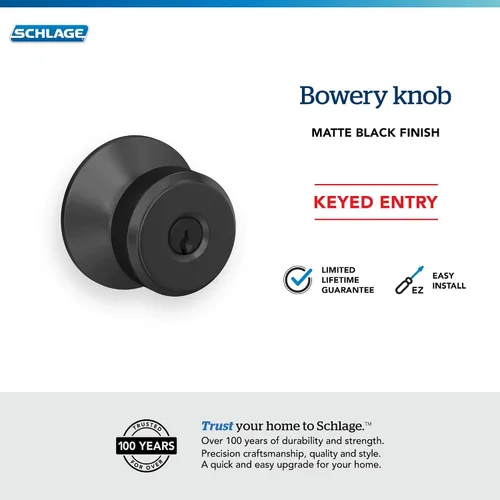 Vista 5 de Schlage Bowery - Pomo para puerta de entrada con llave, interior/exterior, negro mate Keyed entry door knob with turn-button lock, Easy to Mate