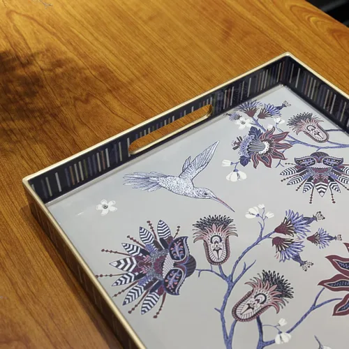 Vista 6 de Bandeja rectangular de plástico para servir con asas, elegante bandeja decorativa para mesa de café, otomana, sala de estar, cocina, uso al aire