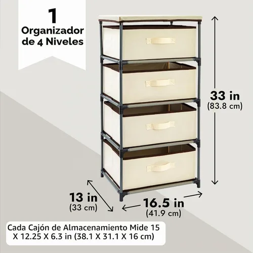 Vista 3 de Cajón clóset de almacenamiento de 4 niveles para ropa, ropa interior, documentos, objetos de la Casa, color café – (16.5 x 12.9 x 33 pulgadas)