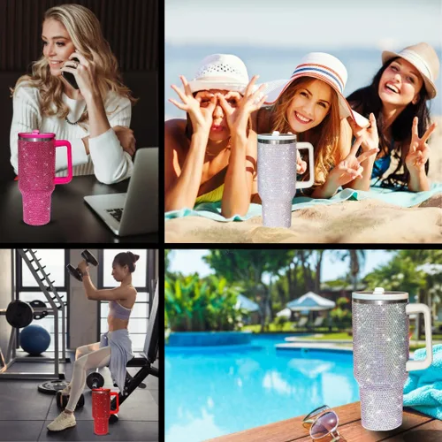 Vista 6 de Vaso de 40 onzas con tachuelas de strass con mango, popote y tapa, botella de agua de acero inoxidable aislada de doble capa para mujeres, taza