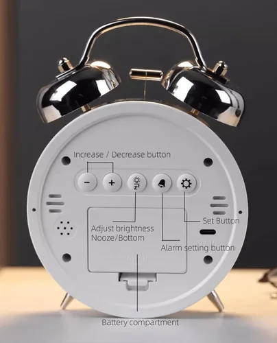 Vista 6 de Pequeño reloj despertador electrónico LED de doble campana, reloj despertador de metal ruidoso para dormir pesado, reloj despertador digital