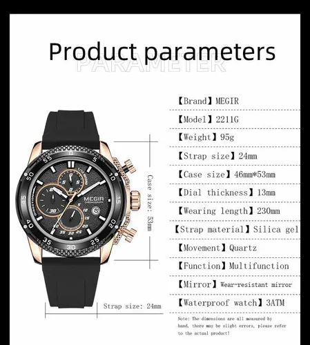 Vista 5 de MEGIR Reloj de pulsera de cuarzo con cronógrafo y correa de silicona para hombre, con fecha automática, manecillas luminosas, 3 ATM, impermeable