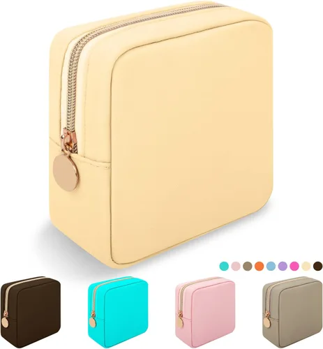 Vista 16 de Iqimott Bolsa Grande de Maquillaje de Nylon, Neceser de Viaje, Bolsa Grande de Cosméticos Preppy, Organizador de Maquillaje de Nylon, Bolsa de Beige