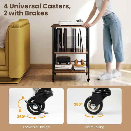 Vista 6 de Giantex Soporte para tocadiscos con estación de carga, soporte para tocadiscos con almacenamiento de discos y 4 ruedas rodantes, mesa